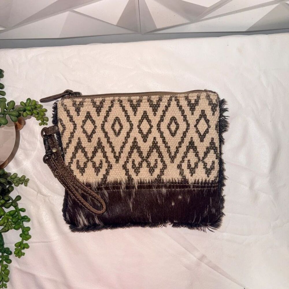 Myra Bag "Bottom Ambition" Upcycled Canvas, Woven Rug, and Hair-on-Hide Clutch